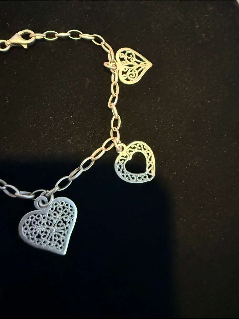 Silver Heart Charm Bracelet - Filigree Heart Dangles